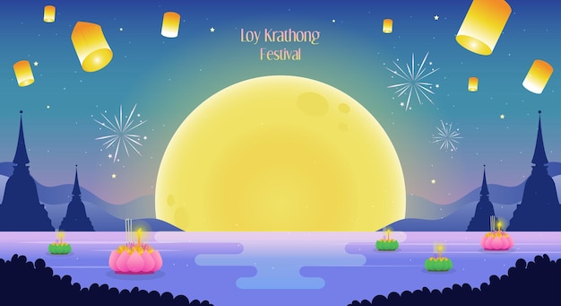 Loy Krathong Festiwal noc krajobraz tło wektor wzór