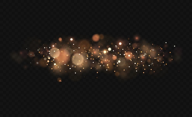 Lśniące magiczne cząsteczki pyłu. Efekt bokeh światła jest izolowany na przezroczystym tle. Żółty pył, żółte iskry i złote gwiazdy świecą specjalnym światłem.