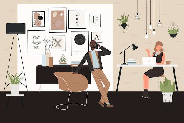 Plik wektorowy ludzie biznesu pracują w ilustracji wektorowych wnętrza biura. cartoon biznesmen postać rozmawia przez telefon, pracownica młoda kobieta siedzi z laptopem przy biurku