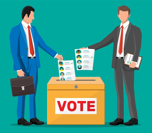 Ludzie biznesu umieszczają dokument z kandydatami w urnie wyborczej Ręka z rachunkiem wyborczym Papier do głosowania z twarzami Ilustracja wektorowa w płaskim stylu