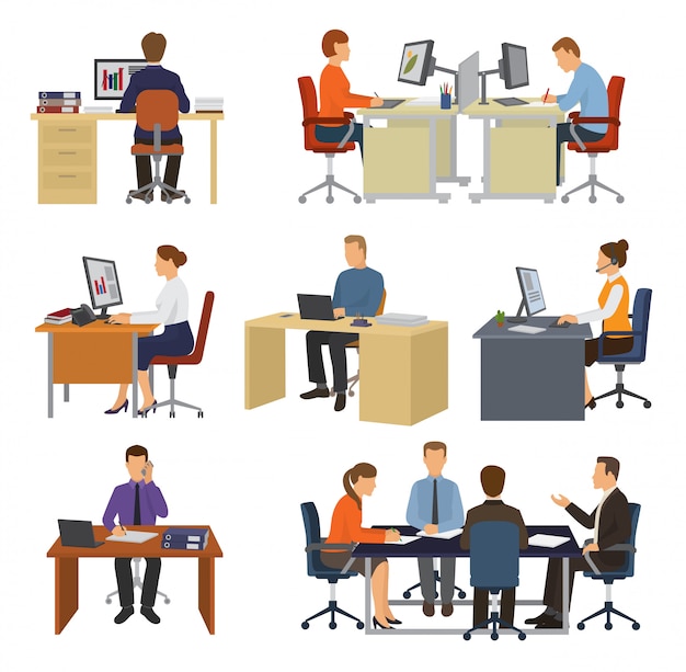 Ludzie Biznesu Wektorowi Profesjonalni Pracownicy Siedzi Przy Stołem Z Laptopem Lub Komputerem W Biurowej Ilustraci Ustawiającej Biznesmen Pracuje W Biurze Odizolowywającym