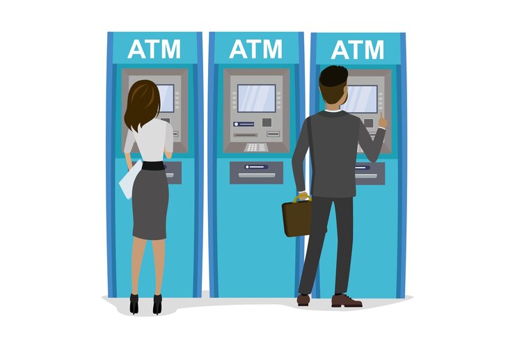 Wektor ludzie biznesu z kreskówek używają automatycznego bankomatu do wypłacania pieniędzy ze swoich kont. bankomaty i ludzkie postacie z tyłu izolowane na białym. ilustracja wektora płaskiego
