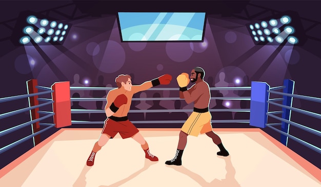 Ludzie boksujący postacie bokserów na ringu zawodowi sportowcy w sparringu silni mężczyźni w sporcie walki mięśniowi mężczyźni w sparring na mistrzostwach porządny wektor kreskówka płaska izolowana koncepcja