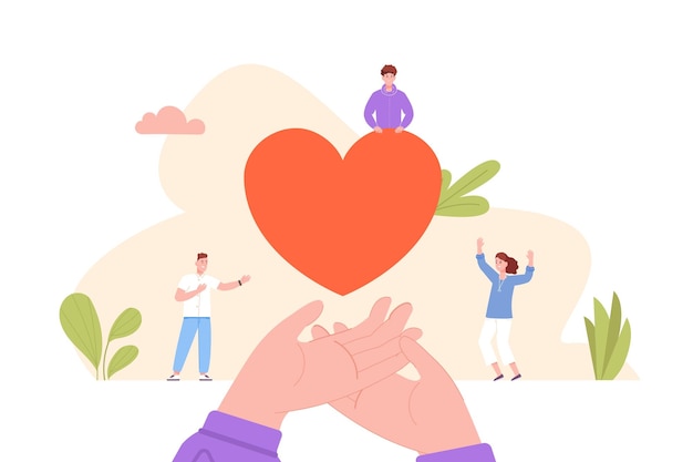 Plik wektorowy ludzie grafika serce ręce dając serca wolontariusze darowizna pomoc symbol miłości w garstce przyjaciół artyści razem społeczna dobroczynność sąsiad solidarność wsparcie ilustracji wektorowych