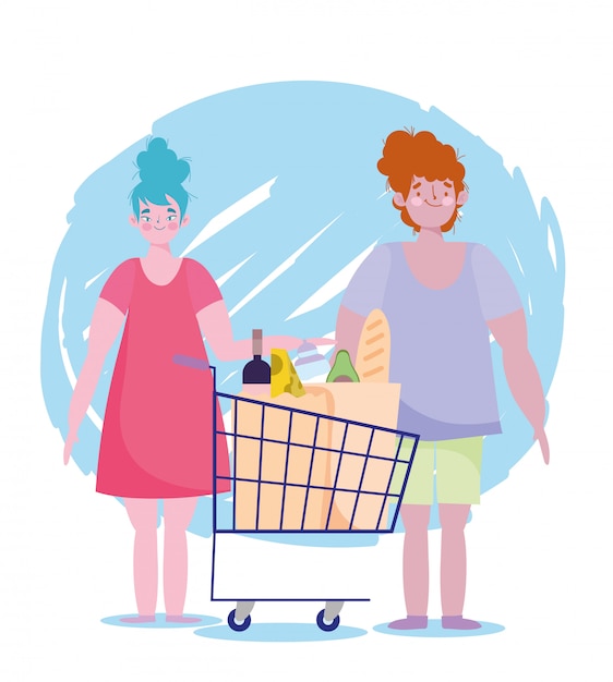 Ludzie Gromadzą Zakupy, łączą Postacie Z Koszykiem I Supermarketem Torby Z Jedzeniem
