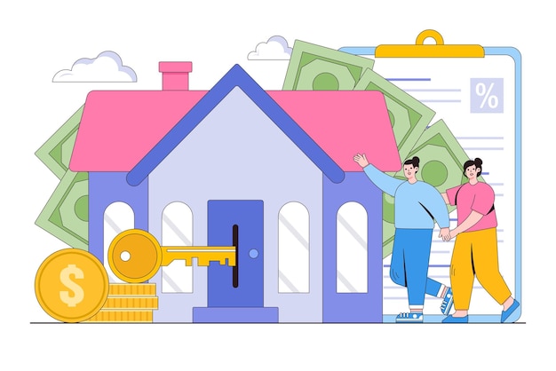 Ludzie inwestują pieniądze w nieruchomości Pożyczka na dom i koncepcja kredytu hipotecznego Zarys projektu w stylu minimalnej ilustracji wektorowej dla obrazów bohaterów banerów internetowych strony docelowej