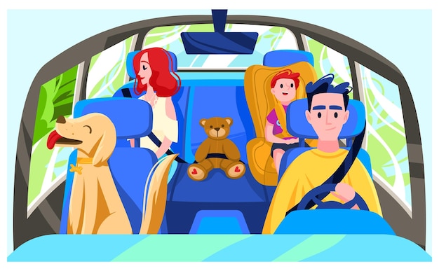 Ludzie Jeżdżą Kierowcami Samochodów Pies Kabinowy Samochód Rodzina Wakacje Dziecko Poruszające Się Siedzisko Projekt Stylu Cartoon