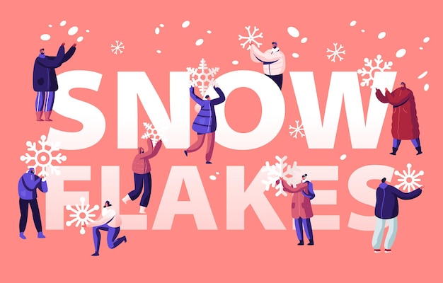 Ludzie Korzystający Z Koncepcji Opadów śniegu. Płaskie Ilustracja Kreskówka