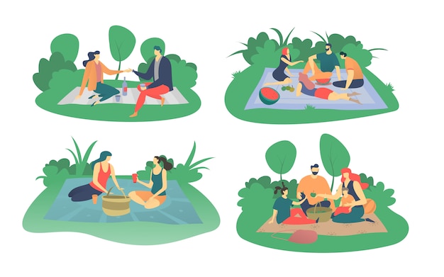 Plik wektorowy ludzie mają piknik w parku, ilustracja na białym tle, rodzina lub przyjaciele jedzą i piją na pikniku, urządzony.