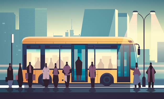 ludzie na dworcu autobusowym transportu publicznego wygodne ruchome koncepcja poziomej ilustracji wektorowych tła pejzażu miejskiego