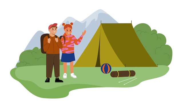 Plik wektorowy ludzie na letnim kempingu, mężczyzna i kobieta w pobliżu zielonego namiotu, podróżują i wycieczkują turyści na łonie natury