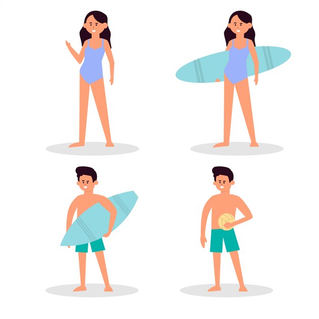 Plik wektorowy ludzie na plaży. wakacje na wakacjach, opalanie się na plaży i letnie zabawy szczęśliwych przyjaciół. postacie podróżnicze, gra w siatkówkę, turystyka surfingowa pływaka