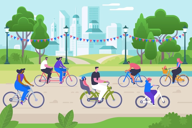 Ludzie na rowerach ilustracji wektorowych płaski. Uśmiechnięci postaci z kreskówek mężczyzn i kobiet. Aktywny wypoczynek, zdrowy tryb życia, aktywność na świeżym powietrzu. Ekologiczny transport, szczęśliwi rowerzyści w parku