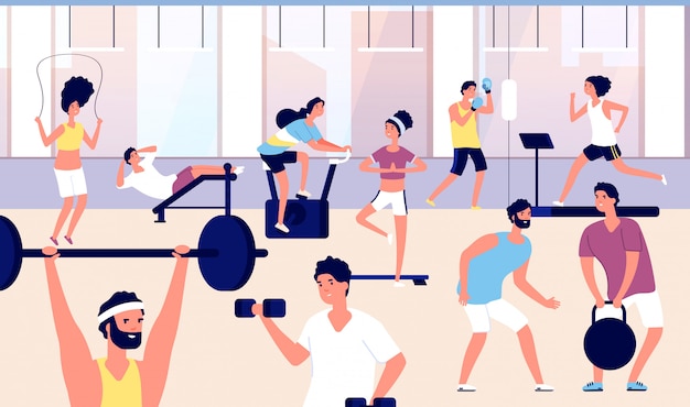 Ludzie na siłowni. Grupa sportowców robi ćwiczenia fitness, trening cardio i podnoszenie ciężarów w siłowni. Koncepcja wektor stylu życia sportu