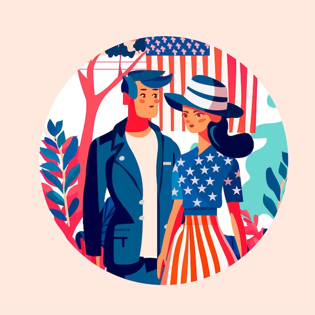 Plik wektorowy ludzie noszący tkaniny podobne do flagi usa mężczyzna i kobieta w amerykańskich ubraniach stojących razem święto niepodległości koncepcja portret ilustracji wektorowych