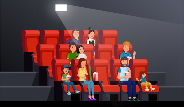 Plik wektorowy ludzie oglądają film wygodnie w obrazie pałacu ilustracji wektorowych. wnętrze teatru