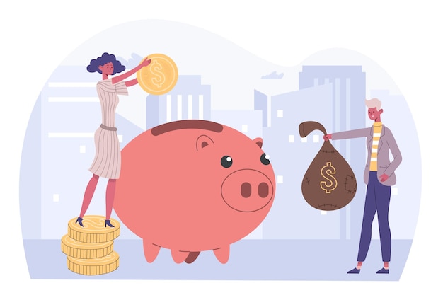 Ludzie Oszczędzają Pieniądze Sukces Koncepcji Inwestycji Finansowych Kobieta Cartoon Wprowadzenie Monet Do Skarbonki