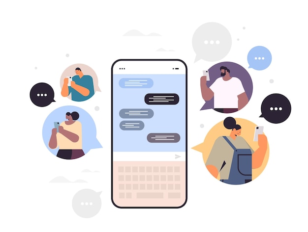 Ludzie Piszący Wiadomość Na Smartfonie Mieszają Rasę Mężczyźni Kobiety Rozmawiają W Czacie W Aplikacji Mobilnej Komunikacja Bąbelkowa