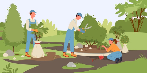 Ludzie Pracują W Letnim Lesie Lub Parku Rosną Rośliny Ilustracja Wektorowa Kreskówka Młody Mężczyzna Kobieta