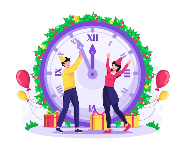 Plik wektorowy ludzie przesuwają minuty gigantycznego zegara, aby przejść do ilustracji nowego roku
