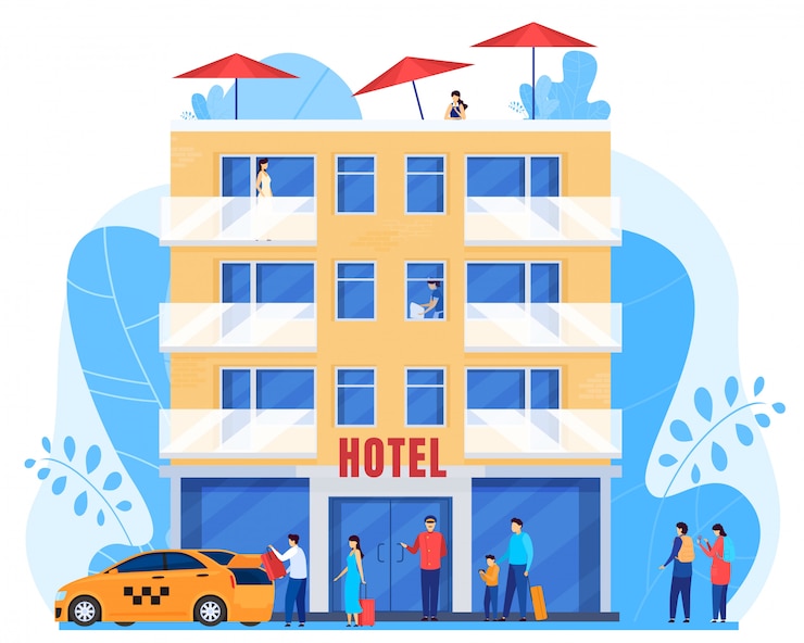 Wektor ludzie przyjeżdżają hotel, mężczyzna i kobiety z bagażem, ilustracja