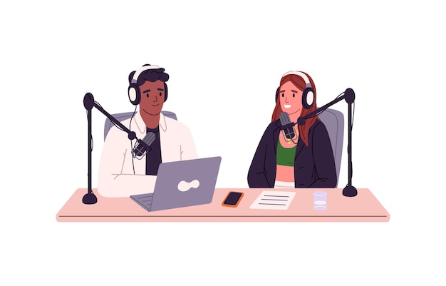 Ludzie Rozmawiają Podczas Nagrywania Podcastu W Studiu Audio Ze Słuchawkami I Mikrofonami Transmisja Radiowa Wywiadu Host I Gość Czat Przy Stole Płaskie Wektor Ilustracja Na Białym Tle