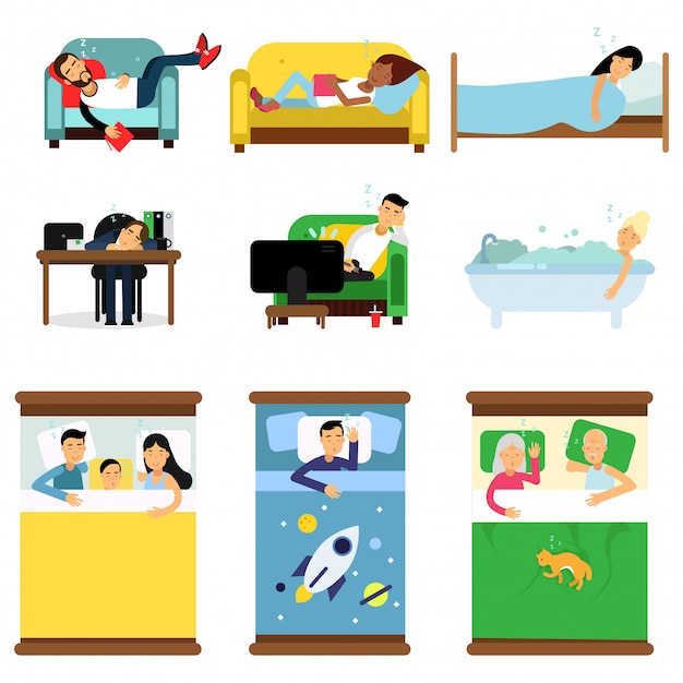 Ludzie śpią w domu, w pracy, mężczyźni i kobiety śpią w łóżku, sofa z dziećmi, zwierzęta domowe, razem ilustracje kreskówek