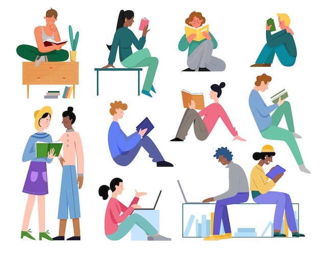 Ludzie studiują wektor zestaw ilustracji.