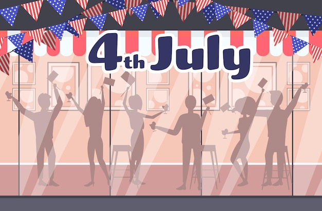 Plik wektorowy ludzie świętują sylwetki, 4 lipca amerykańska karta obchodów dnia niepodległości