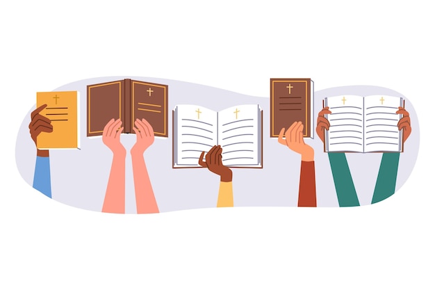 Ludzie trzymają Biblię i święte książki z chrześcijańskiej biblioteki religijnej opisujące życie Jezusa