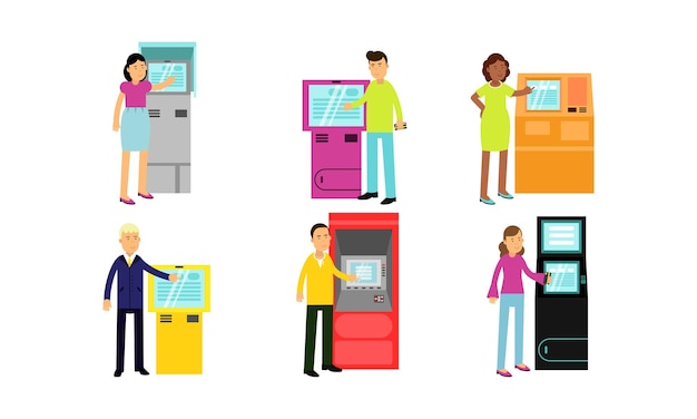 Ludzie używający różnych bankomatów Automatic ATM Mężczyźni i kobiety młodzi i starzy różny kolor skóry i styl noszenia Ilustracje wektorowe postacie z kreskówek izolowane na białym tle