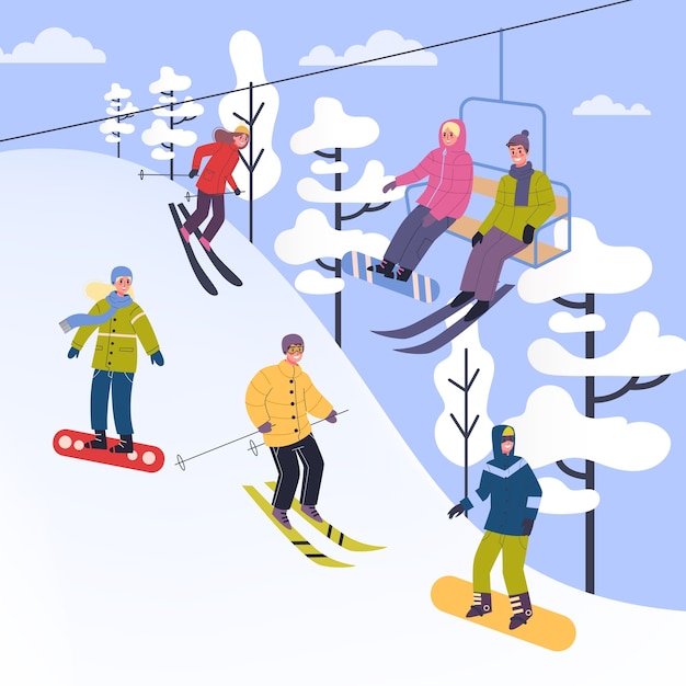 Ludzie W Ciepłych Ubraniach Wykonujący Zimowe Zajęcia. Ilustracja Ludzi Na Nartach, Snowboardzie W Ośrodku Narciarskim. Zimowe Zajęcia Na świeżym Powietrzu Z Rodziną. Ilustracja