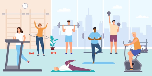 Ludzie w siłowni. Mężczyzna i kobieta na trenażer, rower treningowy i bieżnię. Trening fitness i kryty sport pokój płaski wektor koncepcja. Męskie postacie ze sztangą i kettlebells