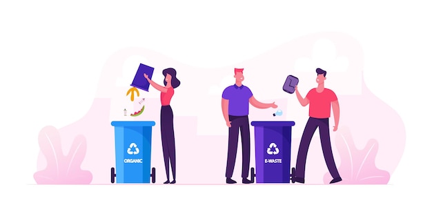 Ludzie wrzucają śmieci do pojemników na ekologiczne i elektroniczne kosze na śmieci ze znakiem recyklingu. Mieszkańcy miast zbierają śmieci. Płaskie ilustracja kreskówka