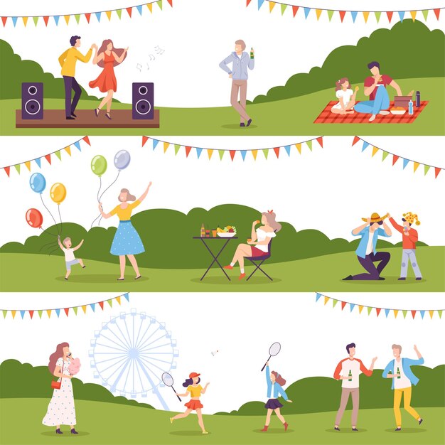 Plik wektorowy ludzie wykonujący zajęcia rekreacyjne na świeżym powietrzu w parku family picnic summer vacation outdoor leisure flat style vector illustration