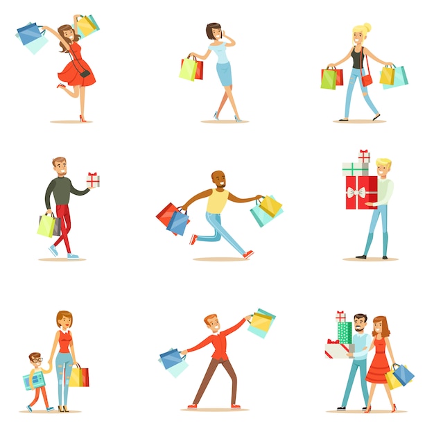 Ludzie Zakupoholiczki Szczęśliwi I Podekscytowani, Biegając Z Papierowymi Torbami Na Zakupy Uśmiechnięta Kolekcja Znaków Kartonowych