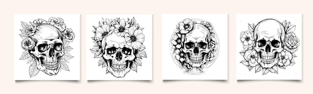 Ludzka czaszka w kwiatach szkic ręcznie rysowany w stylu grawerowanym Ilustracja wektorowa Do banerów reklamowych, plakatów, tła zaproszeń