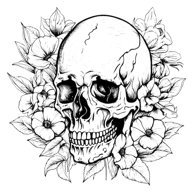 Plik wektorowy ludzka czaszka w kwiatach szkic ręcznie rysowany w stylu grawerowanym ilustracja wektorowa do banerów reklamowych, plakatów, tła zaproszeń
