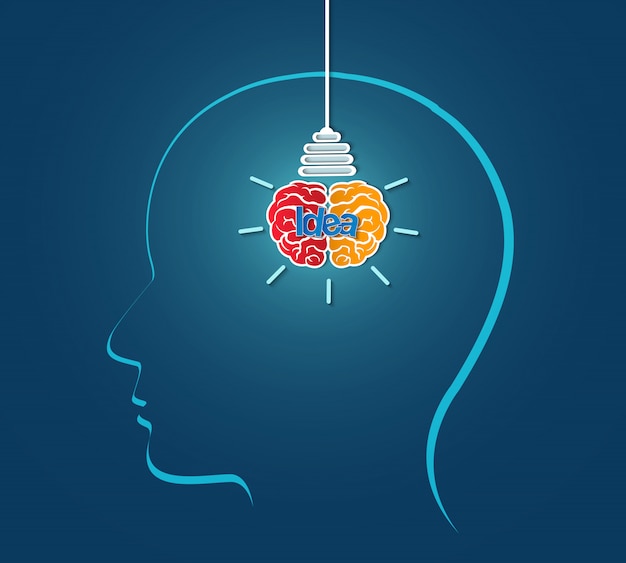 Plik wektorowy ludzka głowa kreatywny pomysł mózgu ikona żarówki, iskra sukces w biznesie
