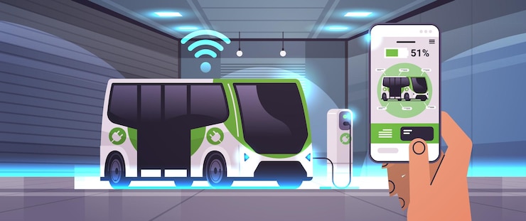 Wektor ludzka ręka ładuje autobus elektryczny w pojeździe akumulatorowym aplikacji mobilnej w ładowarce elektrowni zarządzanie ev