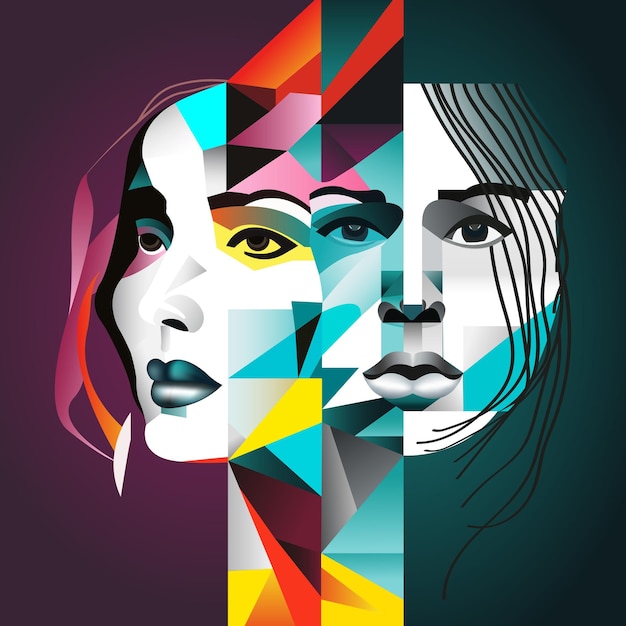 Ludzka twarz kobiety w abstrakcyjnym stylu sześciennym portret rysunek graficzny plakat transparent
