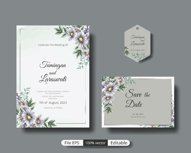 Plik wektorowy luksusowa karta zaproszenie na ślub z kombinacją liści i stokrotki 07