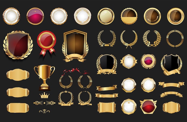 Plik wektorowy luksusowa złota odznaka, sztylet, wstążka i laurowa kolekcja retro.
