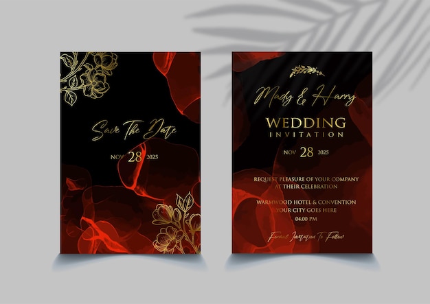 Plik wektorowy luksusowe czarno-czerwone zaproszenie na ślub ze złotą ozdobą kwiatową