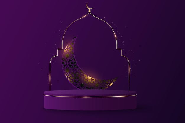 Luksusowe Podium 3d Ze świecącym Miesiącem Islamskiego Ornamentu Dla Ramadan Kareem Podium Z Błyszczącym Złotym łukiem Ilustracji Wektorowych