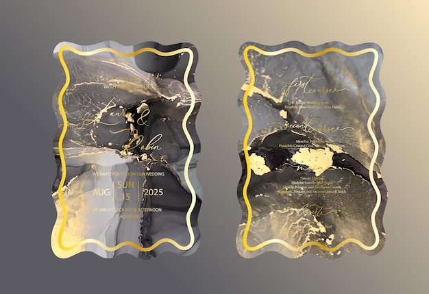 Plik wektorowy luksusowe zaproszenie na ślub z falistą krawędzią z akwarelowymi falami marmuru lub płynną grafiką w tuszu alkoholowym