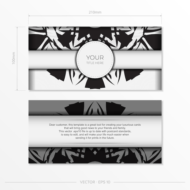 Plik wektorowy luksusowy projekt pocztówki readytoprint w kolorze białym z czarnymi wzorami szablon karty zaproszenie wektor z miejscem na tekst i abstrakcyjny ornament