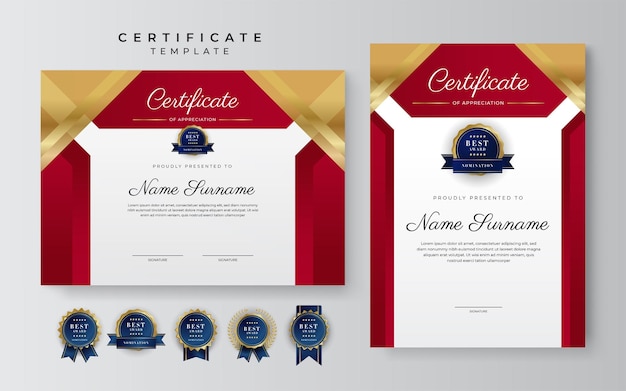 Luksusowy Szablon Certyfikatu Uznania Z Czerwono-złotą Obramowaniem Certyfikatu Uniwersalnego Z Projektem Odznaki Elegancki Czerwony I Złoty Szablon Certyfikatu Dyplomu