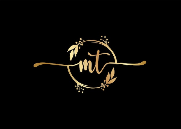 Plik wektorowy luksusowy złoty podpis początkowy projekt logo mt izolowany liść i kwiat