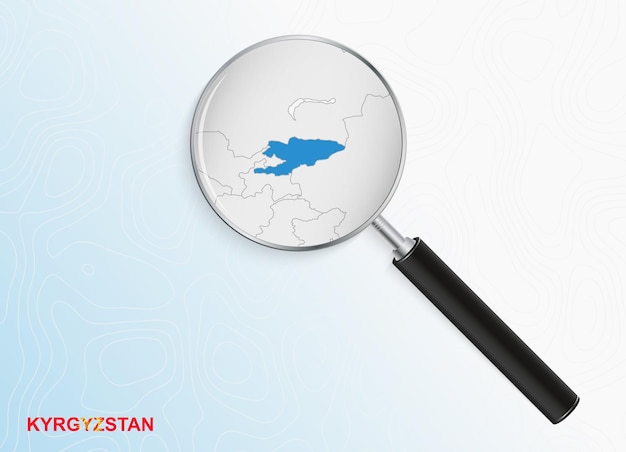 Lupa Z Mapą Kirgistanu Na Streszczenie Tło Topograficzne.
